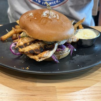 Pemi Burger Bar - Salmon Burger with Truffle Fries - American Near Me - Ashland, New Hampshire Pemi Burger Bar - Salmon Burger with Truffle Fries - American Near Me - Ashland, New Hampshire