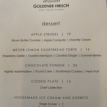 Goldener Hirsch Restaurant - Dessert menu - New American Near Me - Park City, Utah
