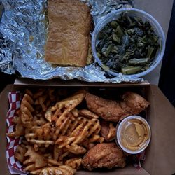 Swagg-N-Wagon - Boneless Strips (3pc) with Waffle Fries, Collard Greens, Cornbread