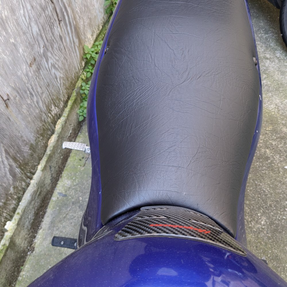 Motorcycle Scooter Upholstery - After - looks perfect and textured vinyl (my choice) is less slippy and slidy. - Auto Upholstery Near Me Motorcycle Scooter Upholstery - After - looks perfect and textured vinyl (my choice) is less slippy and slidy. - Auto Upholstery Near Me