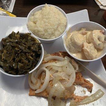 iKrave - Salmon with collard greens, a side of grits and shrimp smothered in gravy - Southern Near Me - Miami, Florida iKrave - Salmon with collard greens, a side of grits and shrimp smothered in gravy - Southern Near Me - Miami, Florida