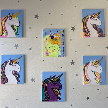 Canvas and Coffee - Canvas from participants - Wall features five unicorn paintings with colorful manes and horns, arranged around a central abstract artwork, with star-shaped wall decals. - Paint & Sip Near Me - Los Ranchos, New Mexico