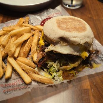 Bill's Bar & Burger - The Big Cat burger with fries. Has the English muffin as a bun. - Burgers Near Me - Pittsburgh, Pennsylvania