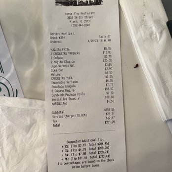 Versailles - Bill for 8 people - Cuban Near Me - Miami, Florida Versailles - Bill for 8 people - Cuban Near Me - Miami, Florida