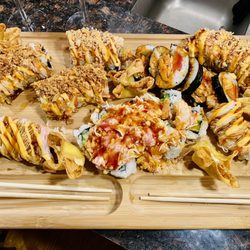 Sushi Go - Angry wife roll, crazy shrimp roll, crunchy double crab roll, shaggy dog, hot mama roll