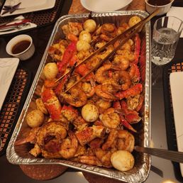 Great seafood, potatos, andouille sausage, corn, boiled eggs. Great seafood, potatos, andouille sausage, corn, boiled eggs.