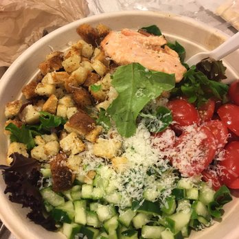 Mixed Greens - The TINIEST chunk of salmon with my $9.50 Famous Salmon Caesar Salad! - Salad Near Me - Chicago, Illinois Mixed Greens - The TINIEST chunk of salmon with my $9.50 Famous Salmon Caesar Salad! - Salad Near Me - Chicago, Illinois