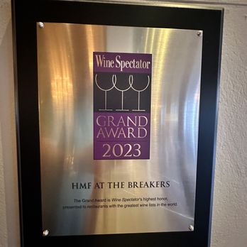The Breakers - HMF Wine Spectator Award Plaque - Hotels Near Me - Palm Beach, Florida