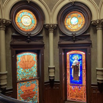 1892 Bishop's Palace - Stained glass windows in stair way looking from 2nd floor - Landmarks & Historical Buildings Near Me - Galveston, Texas