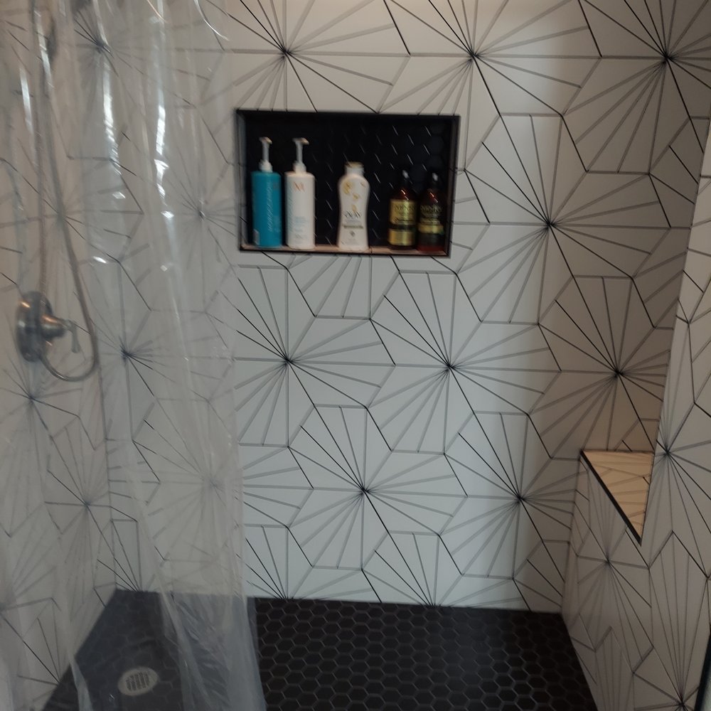 Luxury Tile - Difficult pattern tile- bench and shampoo nook - Tiling Near Me Luxury Tile - Difficult pattern tile- bench and shampoo nook - Tiling Near Me