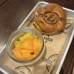 Kids cheeseburger with fruit side - surprised how good their fruit cup kids side is each time Kids cheeseburger with fruit side - surprised how good their fruit cup kids side is each time