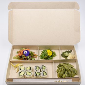 Yakumi - Our Vegan Box - choice of 2 salads, edamame, cucumber roll & avocado roll - Sushi Bars Near Me - Burbank, California Yakumi - Our Vegan Box - choice of 2 salads, edamame, cucumber roll & avocado roll - Sushi Bars Near Me - Burbank, California