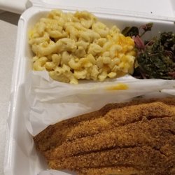 Sampan Restaurant & Grill - Catfish with homemade mac and cheese and collard greens.