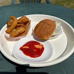 Clamp's - Veggie burger and onion rings.