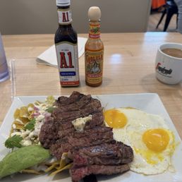 Chilaquiles and ribeye steak. Delicious!!