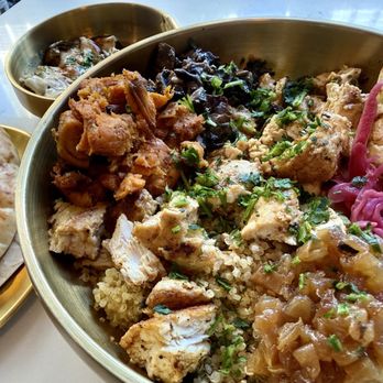 Happea's - Chicken bowl, pita, and oven roasted egg plant side - Mediterranean Near Me - Miami, Florida Happea's - Chicken bowl, pita, and oven roasted egg plant side - Mediterranean Near Me - Miami, Florida
