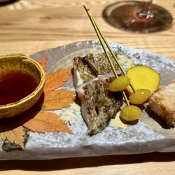 Japanese Cuisine Towa - Nodoguro aburi, fried taro, ginko, and sweet potato.