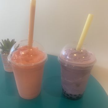 Honey B Cafe - Strawberry banana smoothie (left) and taro with boba (right). Yummy boba! - Coffee & Tea Near Me - McKinney, Texas Honey B Cafe - Strawberry banana smoothie (left) and taro with boba (right). Yummy boba! - Coffee & Tea Near Me - McKinney, Texas