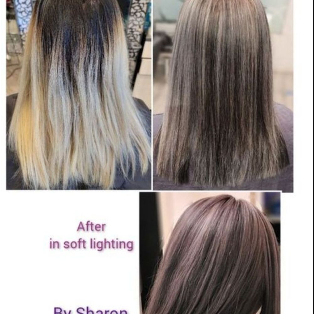 Scissors The Salon - Silver gray highlights with ashy black lowlights with a tiny of purple to it!! Pics just don't do justice! - Hair Salons Near Me - Alhambra, California Scissors The Salon - Silver gray highlights with ashy black lowlights with a tiny of purple to it!! Pics just don't do justice! - Hair Salons Near Me - Alhambra, California