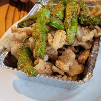 Sacred Beast - Pork rinds with shishito peppers - Bars Near Me - Cincinnati, Ohio Sacred Beast - Pork rinds with shishito peppers - Bars Near Me - Cincinnati, Ohio