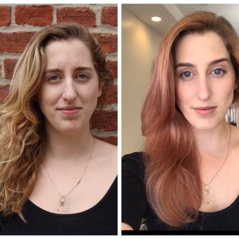Dryland - Brassy blonde to a rose gold  After my new color was complete, they mixed a custom shampoo for me so that my color would last longer! - Hair Salons Near Me - Baltimore, Maryland