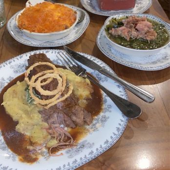 Virtue Restaurant - Turkey in Greens, Potatoes w/onion gravy creamed spinach w/the short ribs.  Roasted brussels, candied sweets, piri piri jus w/ the Chicken. - Southern Near Me - Chicago, Illinois