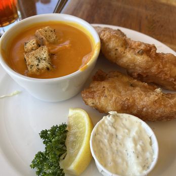 Bayside Cafe - Carrot Ginger soup and fried fish with tartar sauce. - Mexican Near Me - Morro Bay, California