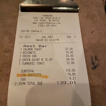 Yardbird - 18% gratuity included. They highlighted it for us. - Southern Near Me - Las Vegas, Nevada