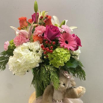 Coram Florist - Vase Arrangement with Teddy Bear By Coram Florist - Florists Near Me - Coram, New York