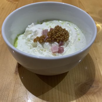 Nook - Pea Soup with Ham, a smoky cream, and pickled mustard seeds. - New American Near Me - Madison, Wisconsin