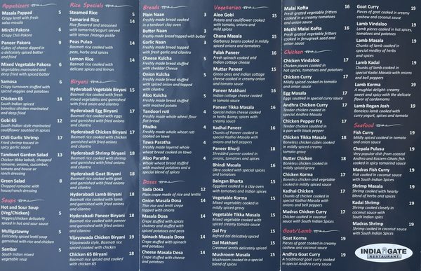 Menu photo 8 India Gate Restaurant Tustin, CA