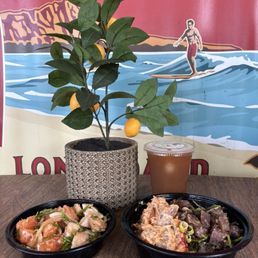 Small (salmon and hamachi) and large bowls (spicy tobiko tuna and habachi special favorite tuna) -left to right. mango guava ice tea Small (salmon and hamachi) and large bowls (spicy tobiko tuna and habachi special favorite tuna) -left to right. mango guava ice tea