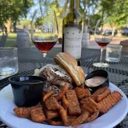 Round Lake Vineyards & Winery - Prime Rib sandwich with sweet potato fries