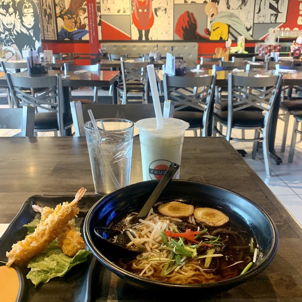 Shrimp Tempura Ramen with veggie broth and a bubble tea Shrimp Tempura Ramen with veggie broth and a bubble tea