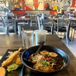 Shrimp Tempura Ramen with veggie broth and a bubble tea Shrimp Tempura Ramen with veggie broth and a bubble tea