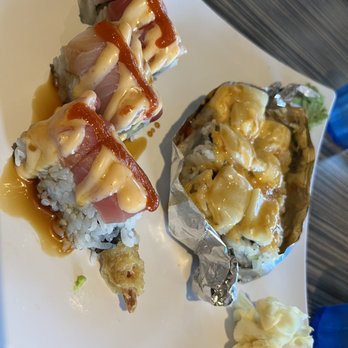 Sushi Kuma - Left: Arigato Roll Right: Volcanic Scallop Roll - Sushi Bars Near Me - Roseville, California