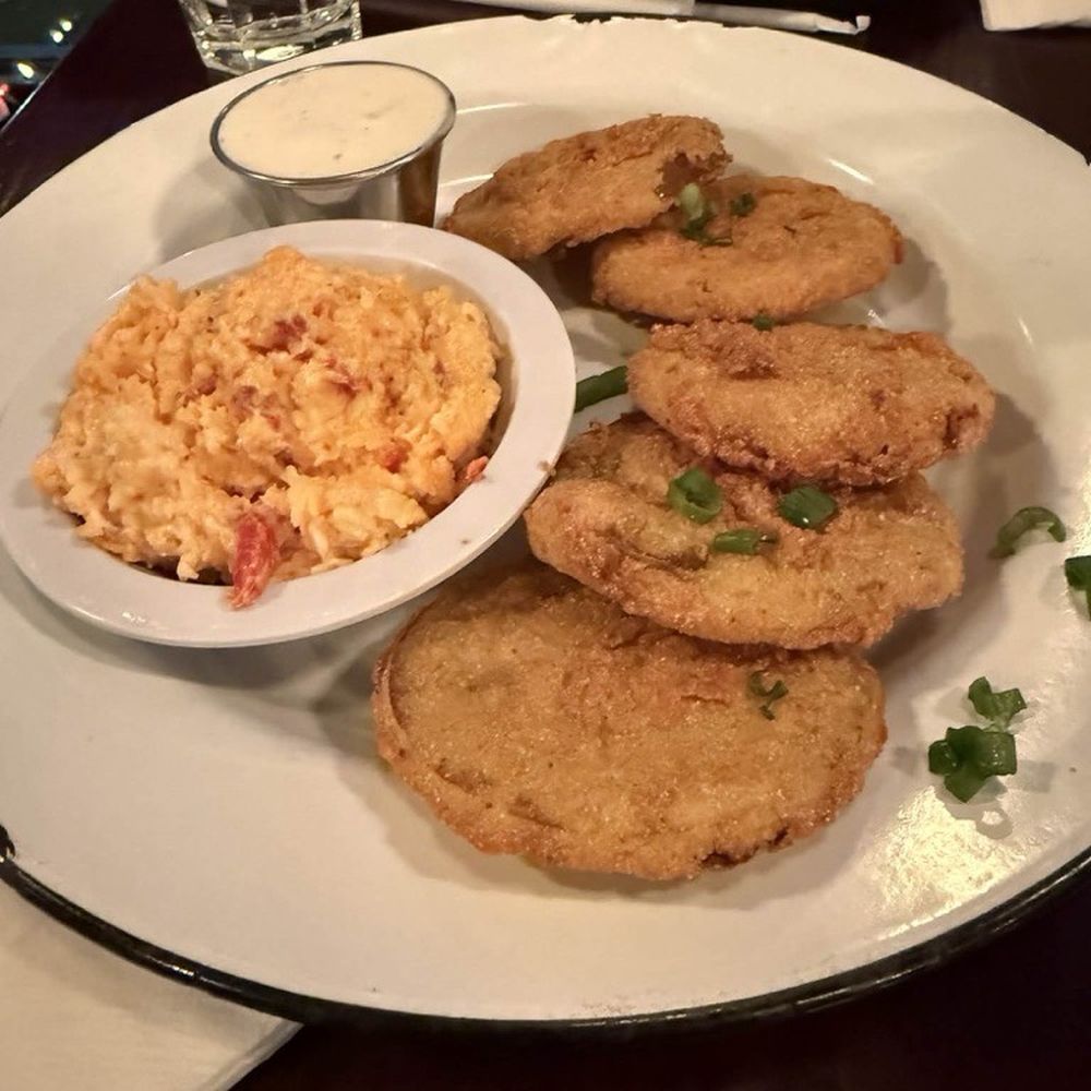 Southern Grit - Fried green tomatoes with pimento cheese and a side of ranch. - American Near Me - Knoxville, Tennessee Southern Grit - Fried green tomatoes with pimento cheese and a side of ranch. - American Near Me - Knoxville, Tennessee