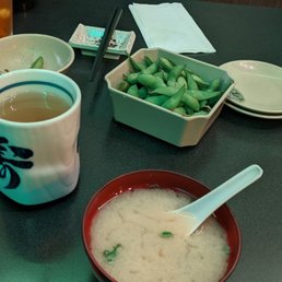 Edamame, miso soup and genmaicha tea. Edamame, miso soup and genmaicha tea.