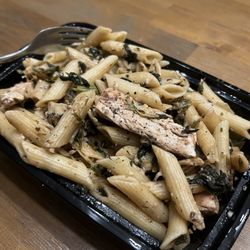 Artichoke pasta w/ spinach & chicken. Huge pieces of REAL chicken and artichokes. Delish!