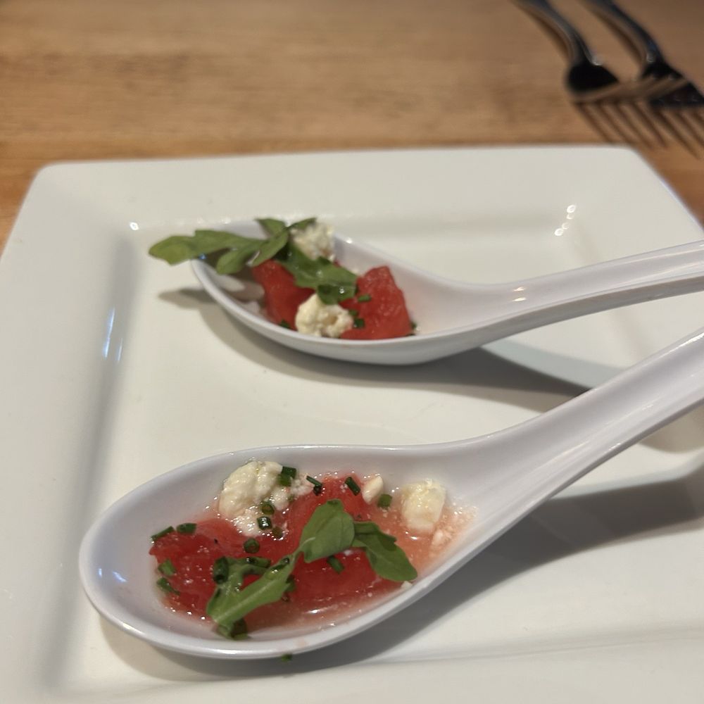 Seasons 52 - Amuse Bouche - cheese and watermelon and basil I believe - New American Near Me - North Bethesda, Maryland
