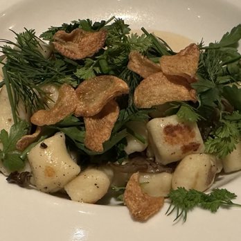 Rioja - ricotta gnocchi - chanterelle and maitake mushrooms, Smokin' Goat cheese sauce. Herb salad, dill vinegar, garlic chips - New American Near Me - Denver, Colorado Rioja - ricotta gnocchi - chanterelle and maitake mushrooms, Smokin' Goat cheese sauce. Herb salad, dill vinegar, garlic chips - New American Near Me - Denver, Colorado