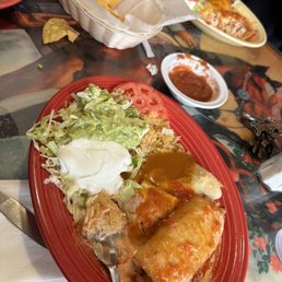 Lunch #22 Chicken chimichanga, chicken enchilada, rice & guacamole salad. $7.50 of perfection!!! Lunch #22 Chicken chimichanga, chicken enchilada, rice & guacamole salad. $7.50 of perfection!!!