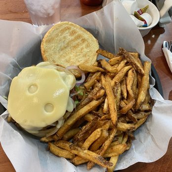 The Lunchbox Diner - BBQ onion burger with fries. The patty was subbed for an Impossible Burger patty. - Diners Near Me - Mount Vernon, Washington