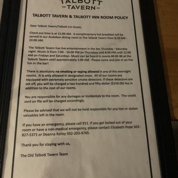 Talbott Inn - Menu in room - Hotels Near Me - Bardstown, Kentucky Talbott Inn - Menu in room - Hotels Near Me - Bardstown, Kentucky