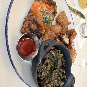 Tupelo Honey Southern Kitchen & Bar - Blackened Mahi-Mahi Braised Bacon Collards Rosemary & Parmesan Crispy Potatoes - Southern Near Me - Indianapolis, Indiana Tupelo Honey Southern Kitchen & Bar - Blackened Mahi-Mahi Braised Bacon Collards Rosemary & Parmesan Crispy Potatoes - Southern Near Me - Indianapolis, Indiana