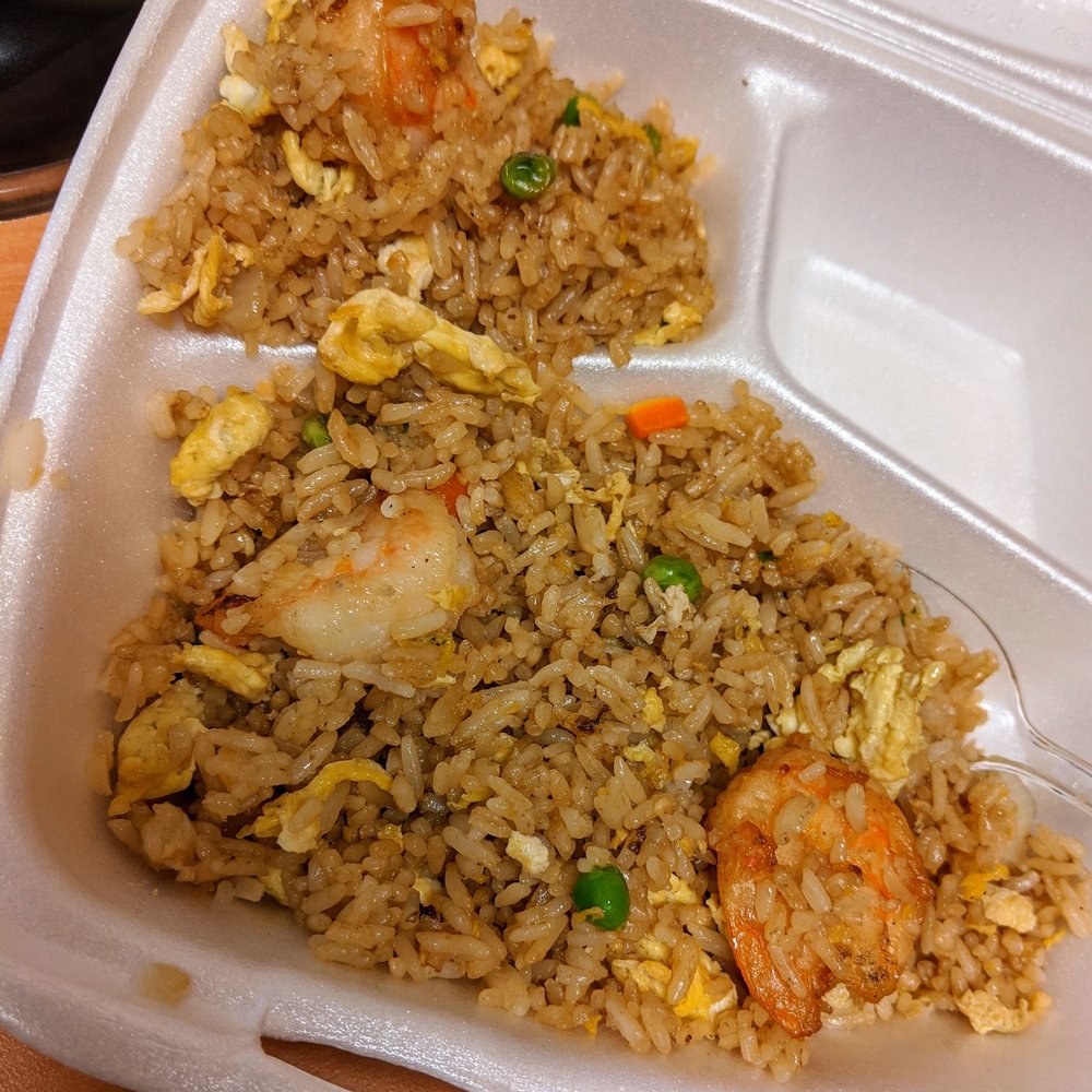 Shrimp fried rice. I had eaten almost half before taking the photo so there are at least 3 missing shrimp. Delicious!