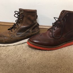 Re-soled boots by North Shoe Repair! Timberland Earthkeeper's with Vibram Morflex (left). Walk Over Zachary with Red Vibram Christy (right). Re-soled boots by North Shoe Repair! Timberland Earthkeeper's with Vibram Morflex (left). Walk Over Zachary with Red Vibram Christy (right).