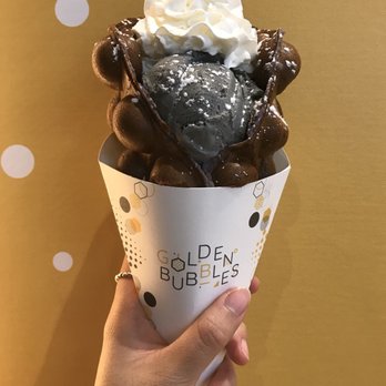 Golden Bubbles - Taro Mochi Waffle with Black Sesame ice cream, icing sugar, and whipped cream. - Waffles Near Me - Toronto, Ontario Golden Bubbles - Taro Mochi Waffle with Black Sesame ice cream, icing sugar, and whipped cream. - Waffles Near Me - Toronto, Ontario