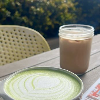 Companion Bakeshop - Matcha with Rose and Cardamom syrup (front), Iced Mocha (back) - Bakeries Near Me - Aptos, California Companion Bakeshop - Matcha with Rose and Cardamom syrup (front), Iced Mocha (back) - Bakeries Near Me - Aptos, California