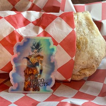 Taco Addicts - Goku burrito, comes with a sticker. - Mexican Near Me - Cary, North Carolina Taco Addicts - Goku burrito, comes with a sticker. - Mexican Near Me - Cary, North Carolina